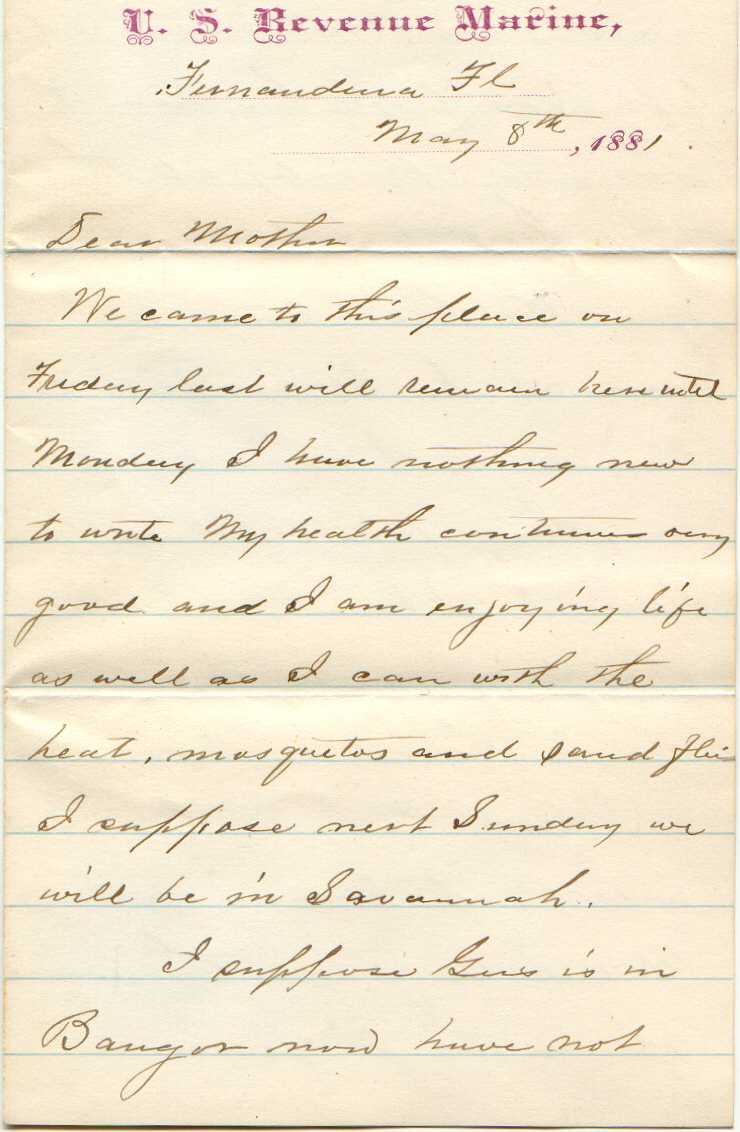 1881 Revenue Marine sailor's letter from Fernandina.