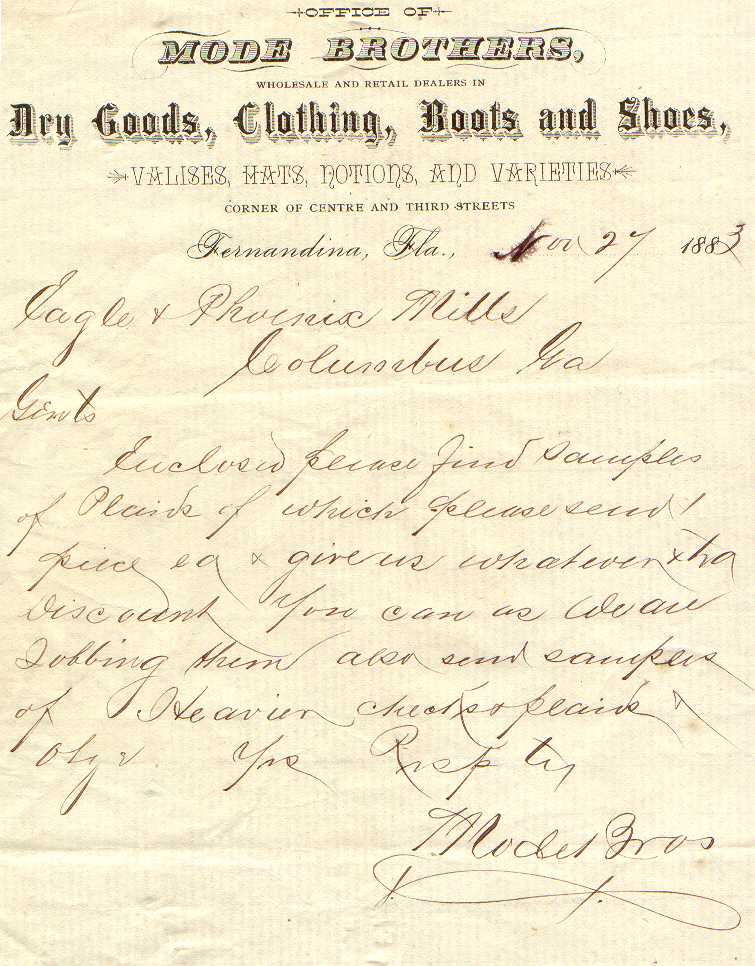 1883 Mode Brothers, Fernandina letter